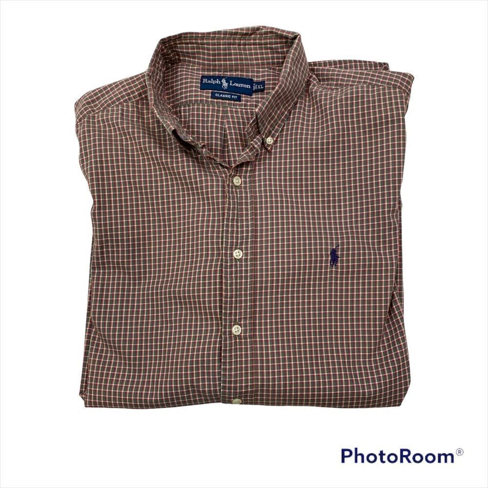 Mens Ralph Lauren Classic Fit Brown and Orange Plaid Button Down Shirt Size‎ XL